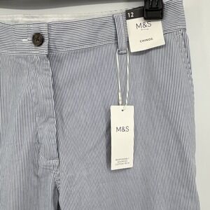 M&S Marks & Spencer Women Chino Pants Blue White Striped Stretch Straight Leg 12